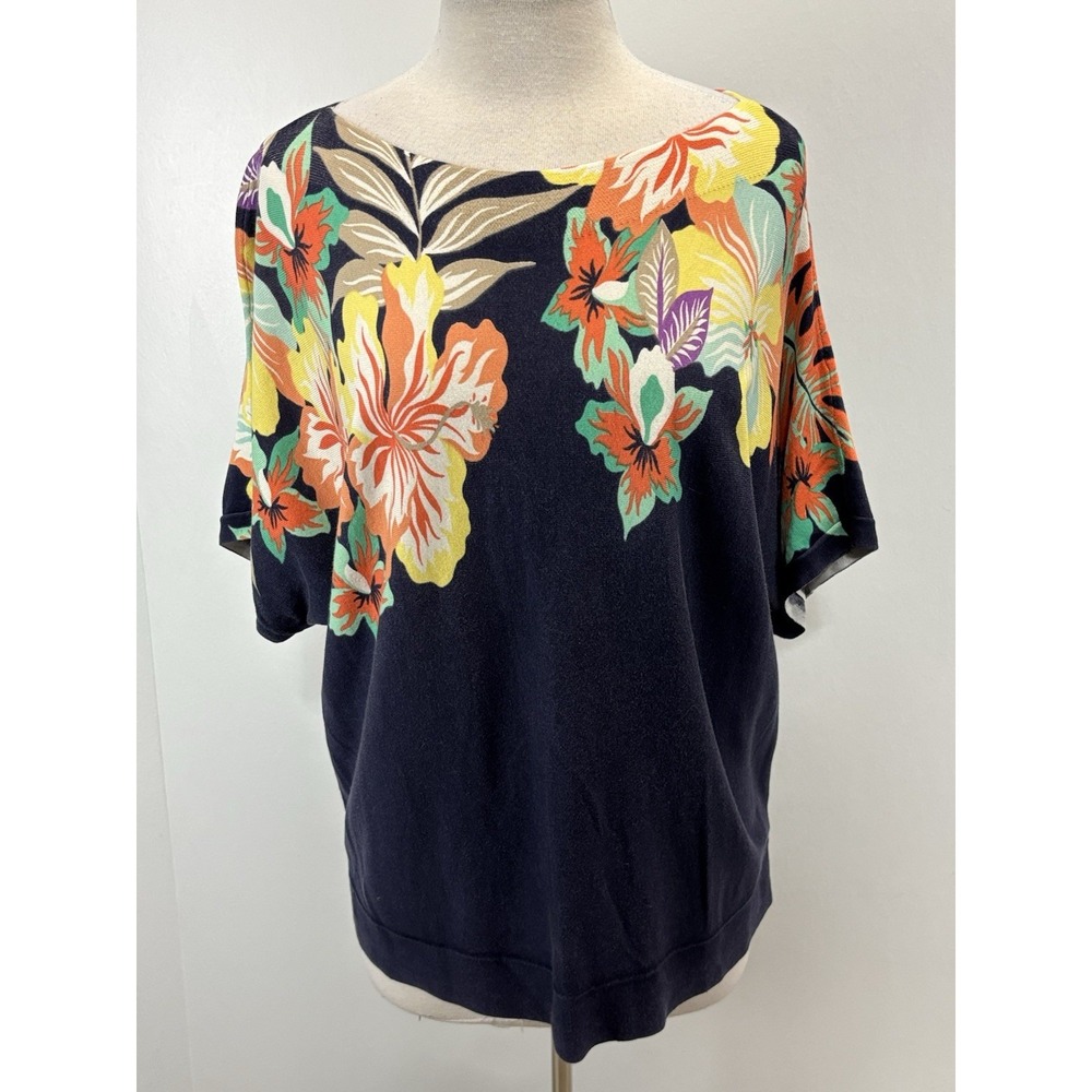 Talbots Floral Top Shirt Women's 2X Plus Navy Dolman Sleeves Resort Wear